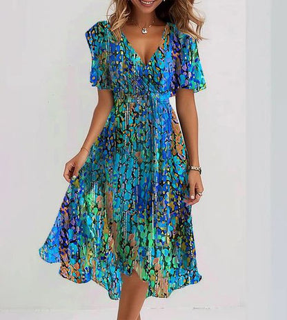 Emma™ - Blue Midi Dress with Short Sleeves