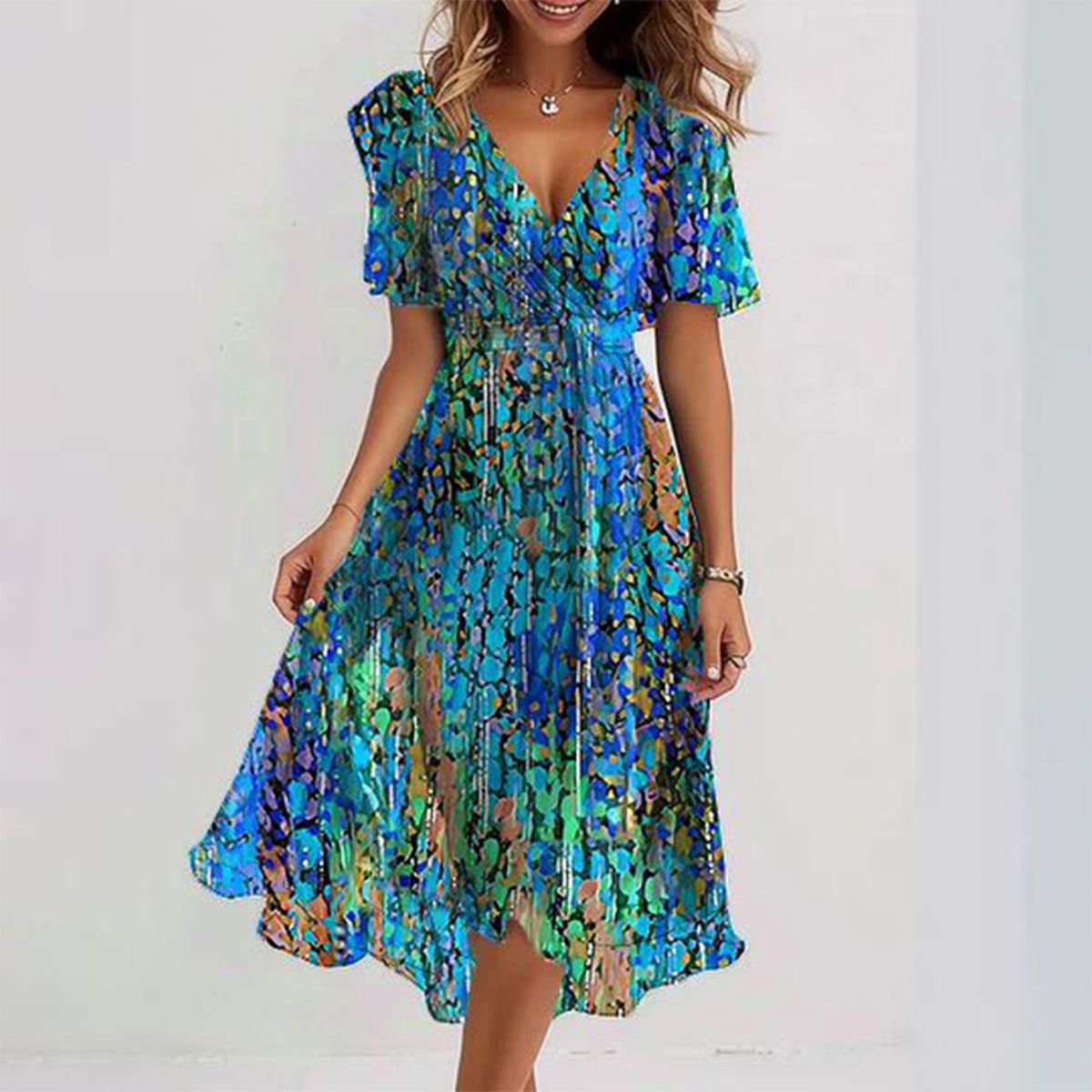 Emma™ - Blue Midi Dress with Short Sleeves